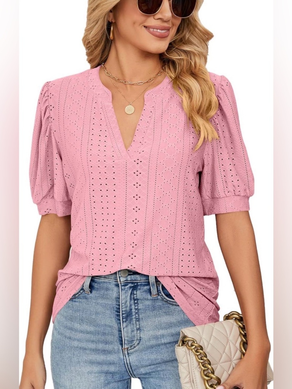 NWT Women's Soft Pink Eyelet Split-Neck Puff Sleeve Top Sz XXL Plus